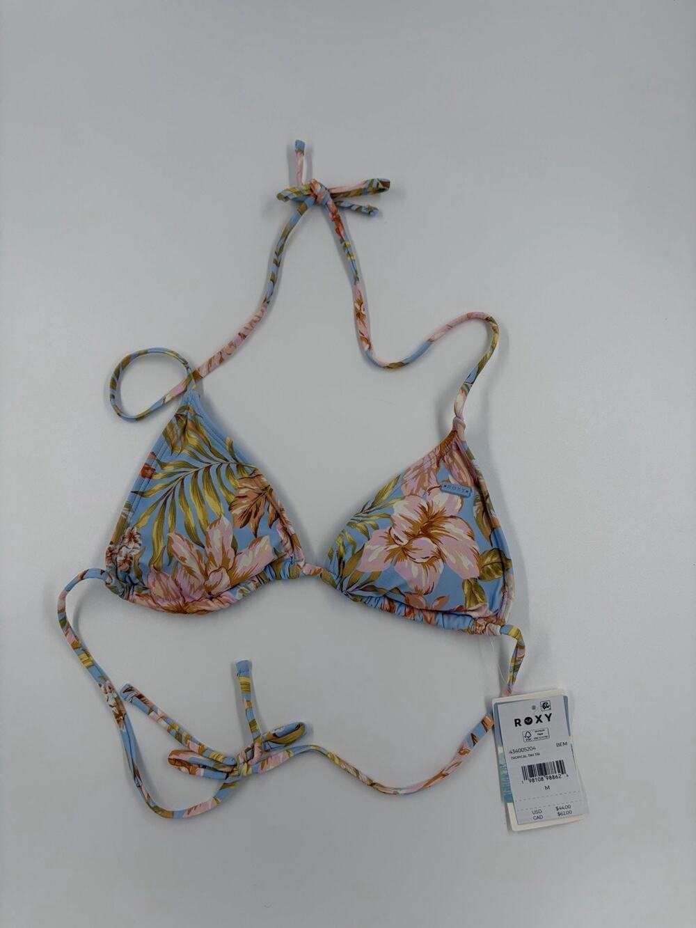 NWT Roxy Tropical Tiki Tri Bikini Top Size Medium Floral Triangle Swimsuit Blue